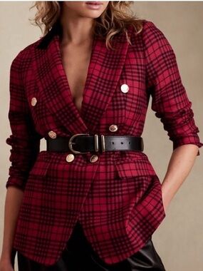 Banana Republic Plaid Captains Blazer Red Tartan Wool Double Breasted 6